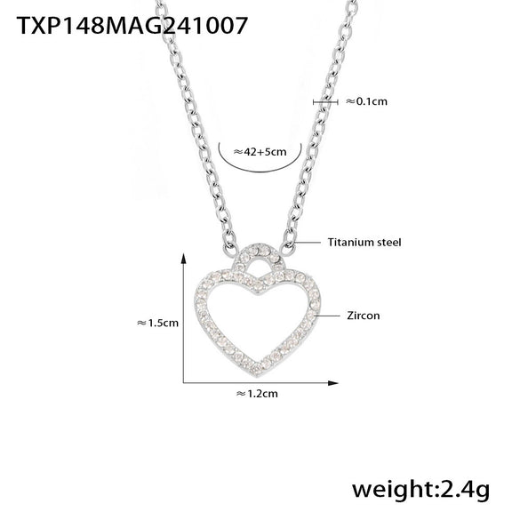 Elegant Hollow Love Collarbone Necklace And Bracelet Suit In Titanium Steel With Zircon Heart Pattern Electroplating For Women