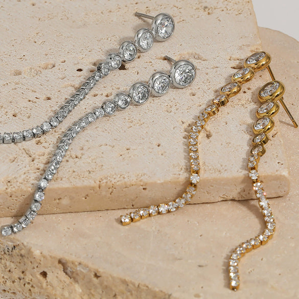 Elegant Joker Long Tassel Zircon Earrings Stainless Steel Electroplated Women's Earrings Wholesale