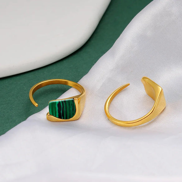304 Stainless Steel 18K Gold Plated Elegant Lady Classic Style Inlay Geometric Malachite Open Rings