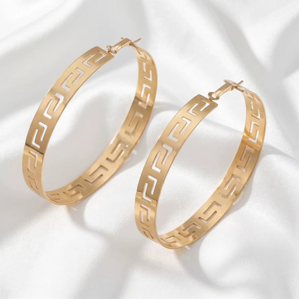 Elegant Large Gold Tone Geometric Hollow Circle Earrings With Electroplated Iron Alloy Design And Stainless Steel Ear Posts