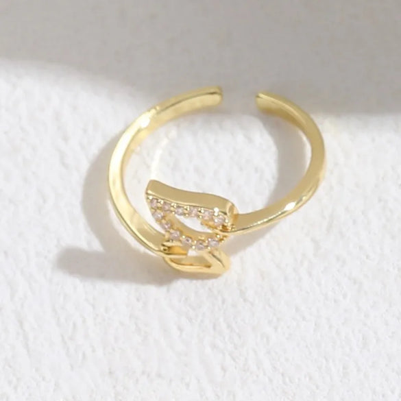 Elegant Leaf Butterfly Bow Knot Copper Inlay Zircon 14k Gold Plated Open Ring