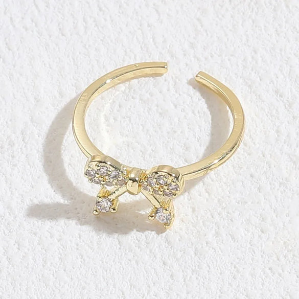 Elegant Leaf Butterfly Bow Knot Copper Inlay Zircon 14k Gold Plated Open Ring