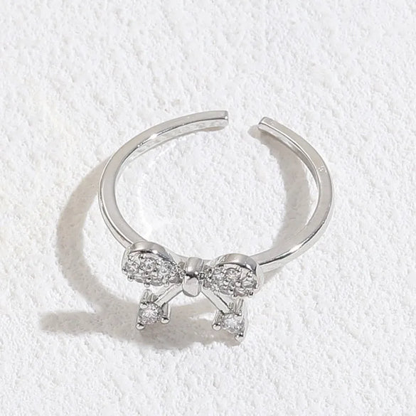 Elegant Leaf Butterfly Bow Knot Copper Inlay Zircon 14k Gold Plated Open Ring
