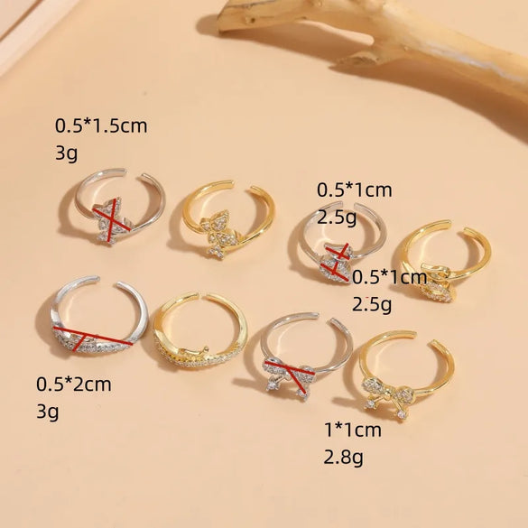 Elegant Leaf Butterfly Bow Knot Copper Inlay Zircon 14k Gold Plated Open Ring