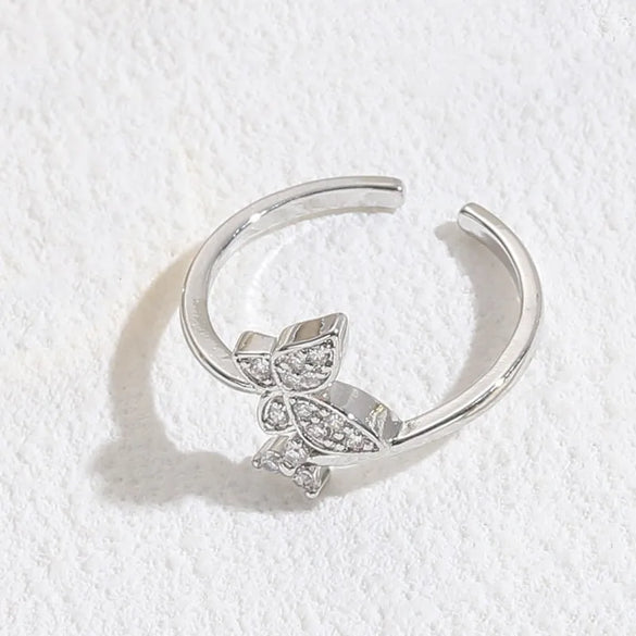 Elegant Leaf Butterfly Bow Knot Copper Inlay Zircon 14k Gold Plated Open Ring