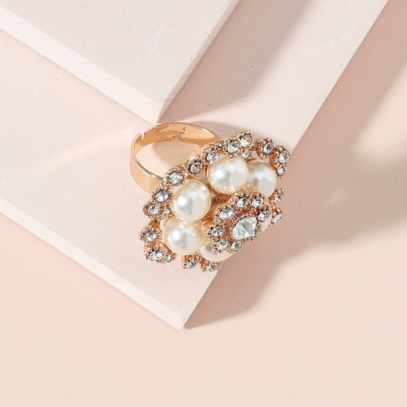 Elegant Light Luxury Alloy Pearl Flower Ring With Diamond Accents Open Adjustable Design For Unisex Wear