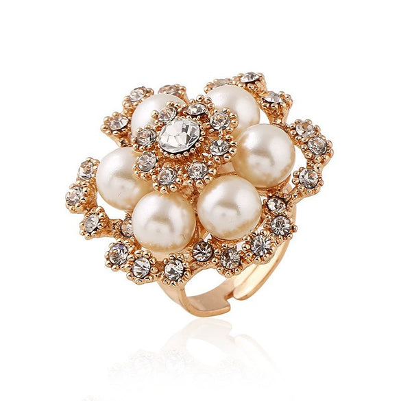 Elegant Light Luxury Alloy Pearl Flower Ring With Diamond Accents Open Adjustable Design For Unisex Wear