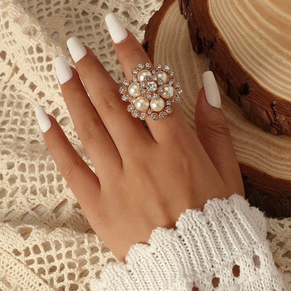 Elegant Light Luxury Alloy Pearl Flower Ring With Diamond Accents Open Adjustable Design For Unisex Wear