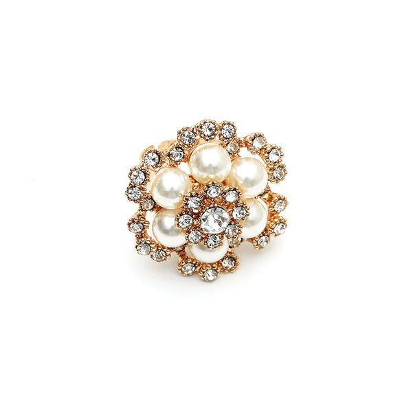 Elegant Light Luxury Alloy Pearl Flower Ring With Diamond Accents Open Adjustable Design For Unisex Wear