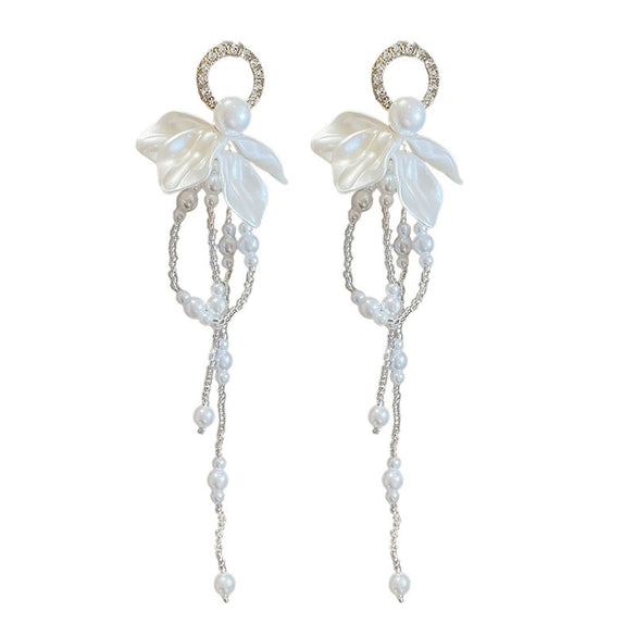 Elegant Light Luxury Alloy Pearl Long Tassel Geometric Earrings With Plants Flowers Style