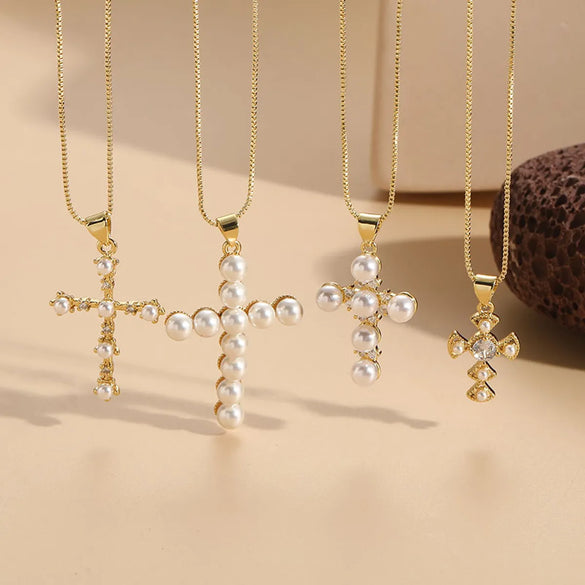 Elegant Luxurious Classic Style Cross Copper 14k Gold Plated Artificial Pearls Zircon Pendant Necklace In Bulk
