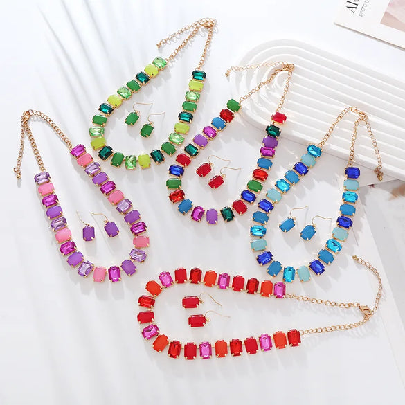 Elegant Luxurious Square Alloy Plating Inlay Glass Gold Plated Women'S Earrings Necklace