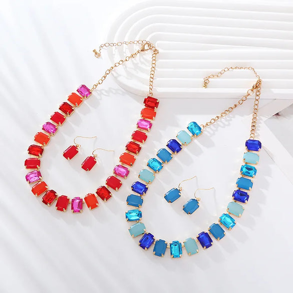 Elegant Luxurious Square Alloy Plating Inlay Glass Gold Plated Women'S Earrings Necklace