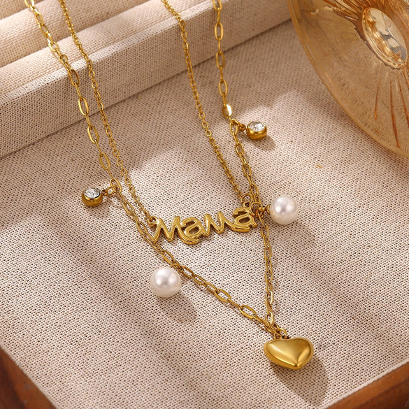 Elegant Mama Letter Jewelry Set With Heart Design Gold Plated Stainless Steel Necklace And Earrings For Women