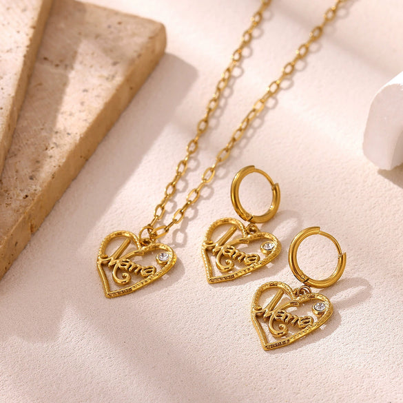 Elegant Mama Letter Jewelry Set With Heart Design Gold Plated Stainless Steel Necklace And Earrings For Women