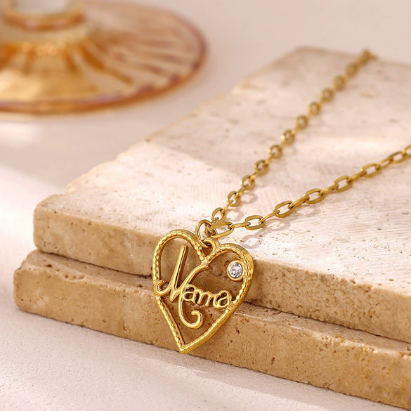Elegant Mama Letter Jewelry Set With Heart Design Gold Plated Stainless Steel Necklace And Earrings For Women