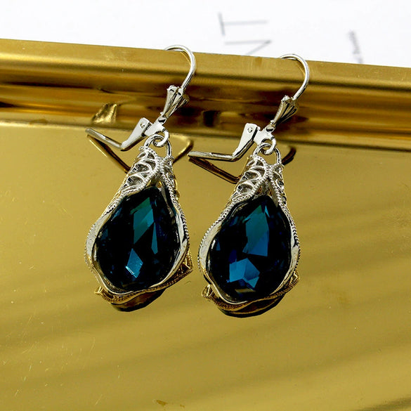 Elegant Metal Drop Shape Earrings With Hollow Design In Navy Blue Topaz Classical Palace Style