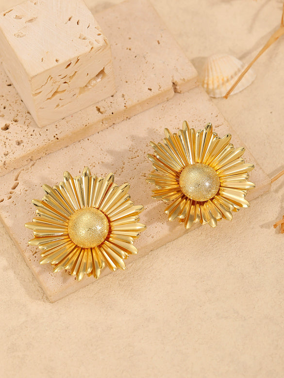 Elegant Metal Sunflower Gold Plated Women's Earrings With Geometric Shape And Electroplating Processing