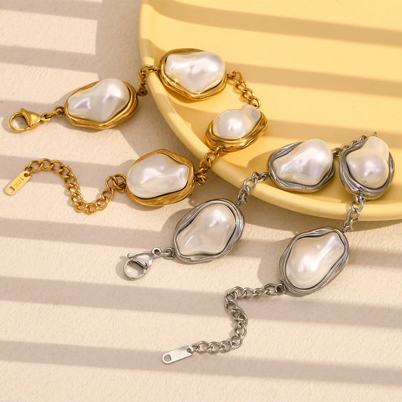 Elegant Niche French Design Stainless Steel 18K Gold Plated Baroque Pearl Bracelet For Women With Electroplating