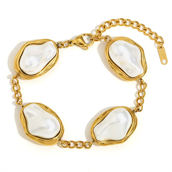 Elegant Niche French Design Stainless Steel 18K Gold Plated Baroque Pearl Bracelet For Women With Electroplating