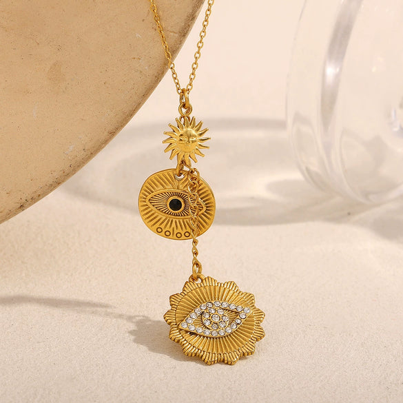 Elegant Niche High Grade Women's Stainless Steel Necklace Pendant With Geometric Tassel Eye Design And 18K Gold Electroplated Finish
