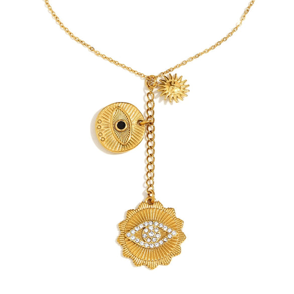 Elegant Niche High Grade Women's Stainless Steel Necklace Pendant With Geometric Tassel Eye Design And 18K Gold Electroplated Finish