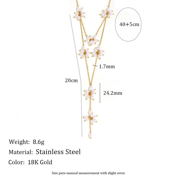 Elegant Niche Light Luxury Stainless Steel Necklace With Imitation Pearl Flower Tassel And 18K Gold Plated Electroplating