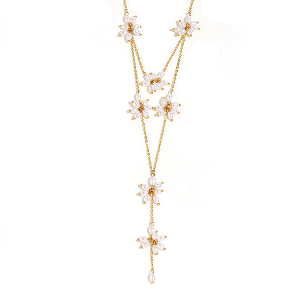 Elegant Niche Light Luxury Stainless Steel Necklace With Imitation Pearl Flower Tassel And 18K Gold Plated Electroplating
