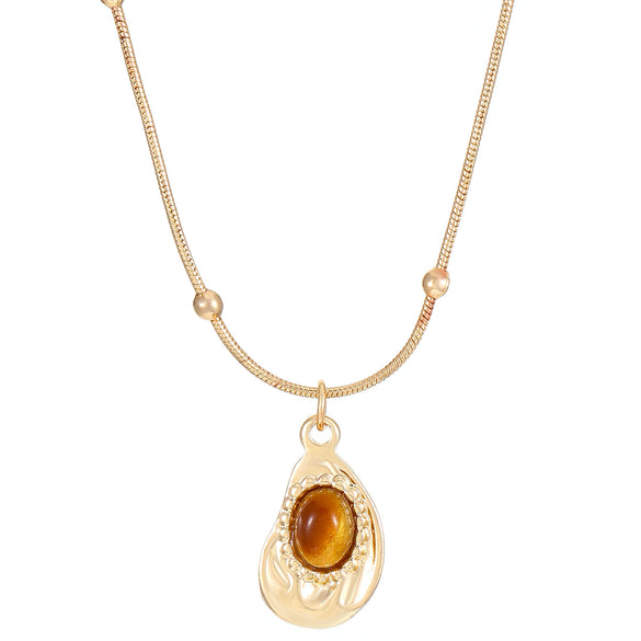 Elegant Oval Tiger Eye Women's Niche Light Luxury Maillard Style Alloy Necklace With Ball Chain And Electroplating