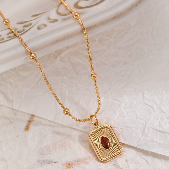 Elegant Oval Tiger Eye Women's Niche Light Luxury Maillard Style Alloy Necklace With Ball Chain And Electroplating
