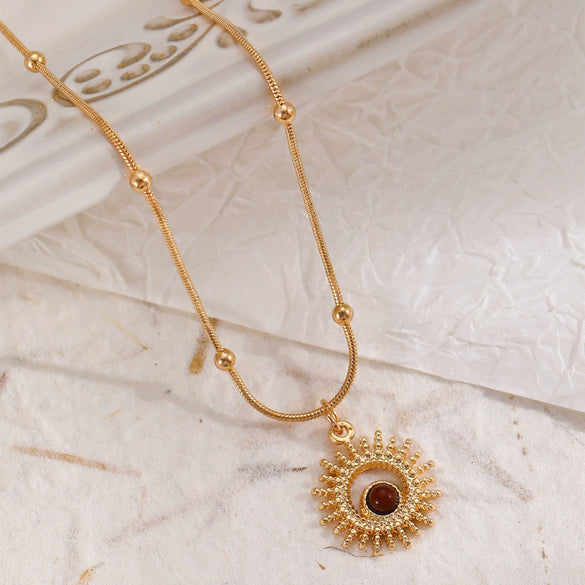 Elegant Oval Tiger Eye Women's Niche Light Luxury Maillard Style Alloy Necklace With Ball Chain And Electroplating