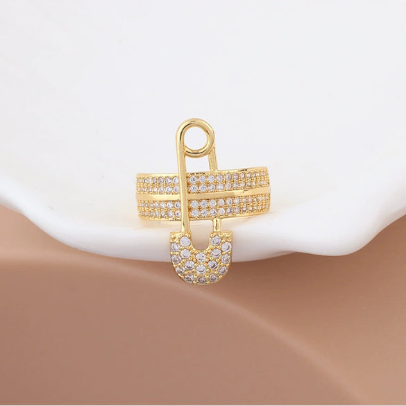 Elegant Pin Design Women's Punk Geometric Ring Copper Plated Real Gold Micropaved Zircon Letter Ring
