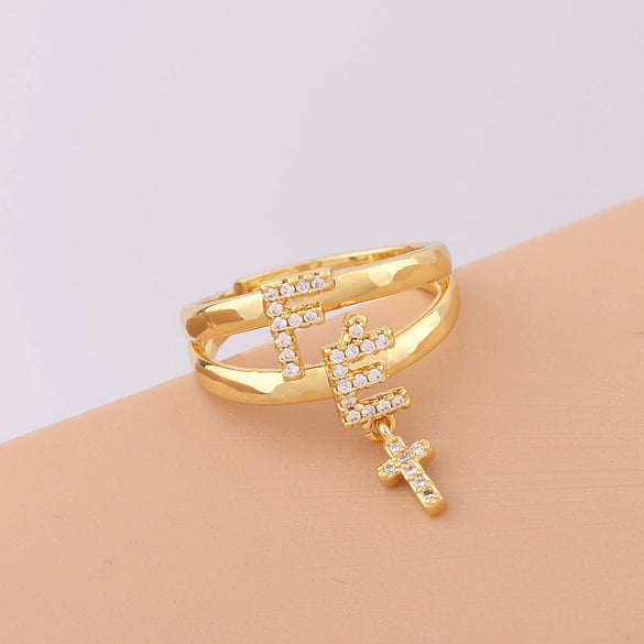 Elegant Pin Design Women's Punk Geometric Ring Copper Plated Real Gold Micropaved Zircon Letter Ring