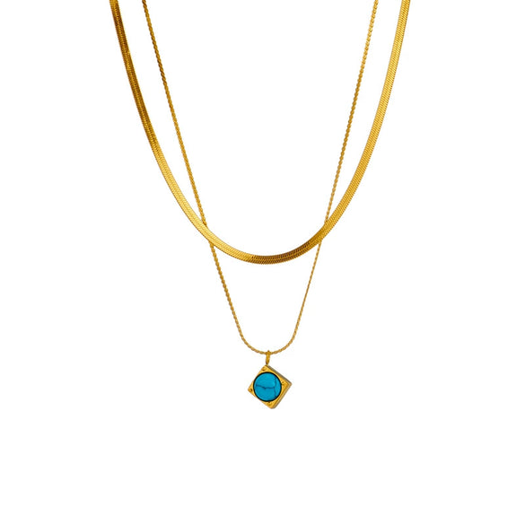 Elegant Retro Double Layer Chain Titanium Steel Square Pendant Jewelry Necklace With Geometric Pattern And Electroplating Treatment