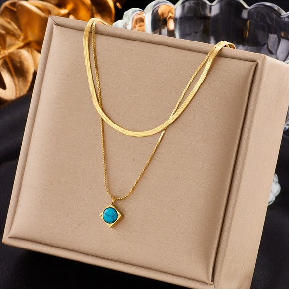 Elegant Retro Double Layer Chain Titanium Steel Square Pendant Jewelry Necklace With Geometric Pattern And Electroplating Treatment