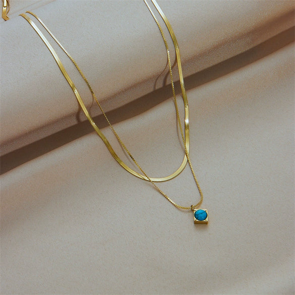 Elegant Retro Double Layer Chain Titanium Steel Square Pendant Jewelry Necklace With Geometric Pattern And Electroplating Treatment