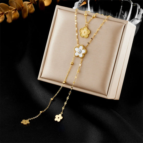 Elegant Retro Double Layer Overlapped Flower Butterfly Pine Tree Of Life Pendant Tassel Necklace In Stainless Steel With Electroplating Geometric Pattern