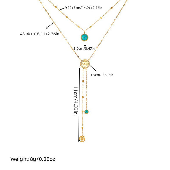 Elegant Retro Double Layer Overlapped Flower Butterfly Pine Tree Of Life Pendant Tassel Necklace In Stainless Steel With Electroplating Geometric Pattern