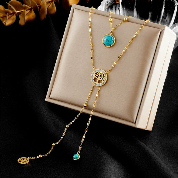 Elegant Retro Double Layer Overlapped Flower Butterfly Pine Tree Of Life Pendant Tassel Necklace In Stainless Steel With Electroplating Geometric Pattern