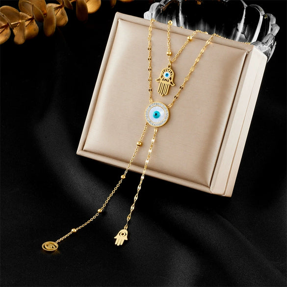 Elegant Retro Double Layer Overlapped Flower Butterfly Pine Tree Of Life Pendant Tassel Necklace In Stainless Steel With Electroplating Geometric Pattern