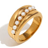 Elegant Retro Personality Fashion Women's Stainless Steel 18K Gold Plated Middle Pearl Shape Geometric Ring With Electroplating