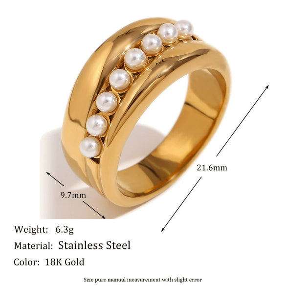 Elegant Retro Personality Fashion Women's Stainless Steel 18K Gold Plated Middle Pearl Shape Geometric Ring With Electroplating
