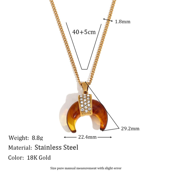Elegant Retro Personality Pendant Necklace With Geometric Pattern Stainless Steel Plated 18K Gold Amber Horn And Diamond Electroplating For Women