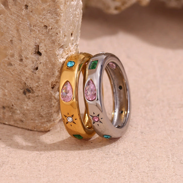 Elegant Retro Women's Stainless Steel Bracelet With 18K Gold Plated Rectangular Water Drop Geometric Color Zircon And Electroplated Finish