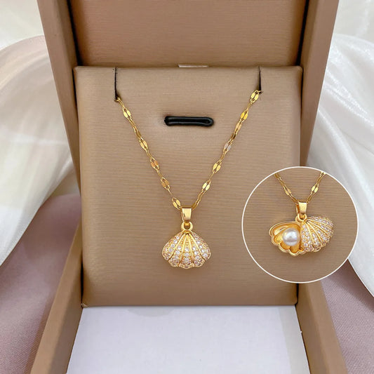 Elegant Shell Stainless Steel Inlay Artificial Gemstones Necklace
