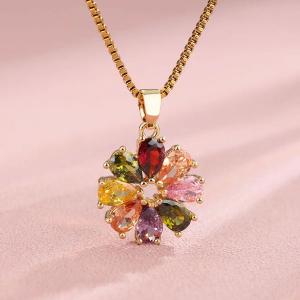Elegant Shiny Maple Leaf Flower Stainless Steel Plating Inlay Zircon 18k Gold Plated Pendant Necklace