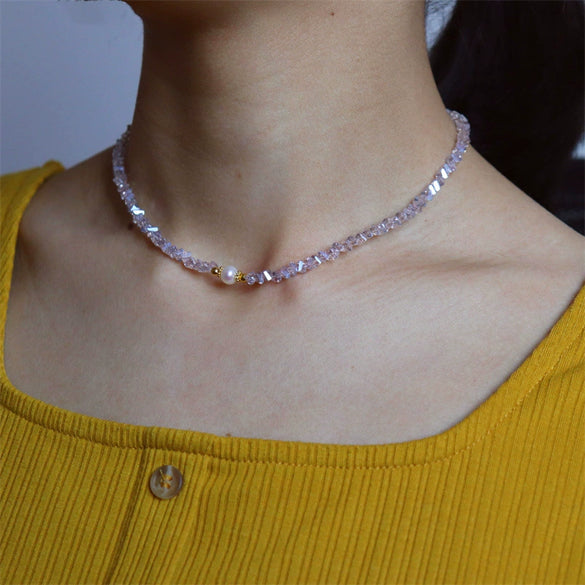 Elegant Simple Purple Geometric Beaded Necklace With Freshwater Pearl For Women Clavicle Chain Natural Style