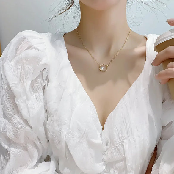 Elegant Simple Style Round Alloy Plating Inlay Artificial Pearls Gold Plated Women'S Necklace