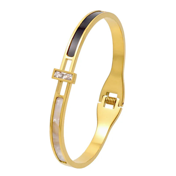 Elegant Simple Style Shiny Geometric Titanium Steel Gold Plated Artificial Gemstones Shell Bangle In Bulk