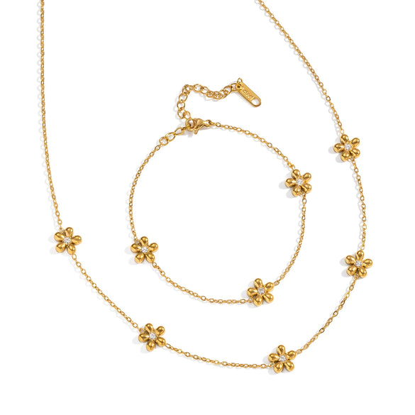 Elegant Small Flower Necklace Bracelet Set In Stainless Steel With Electroplating For Women